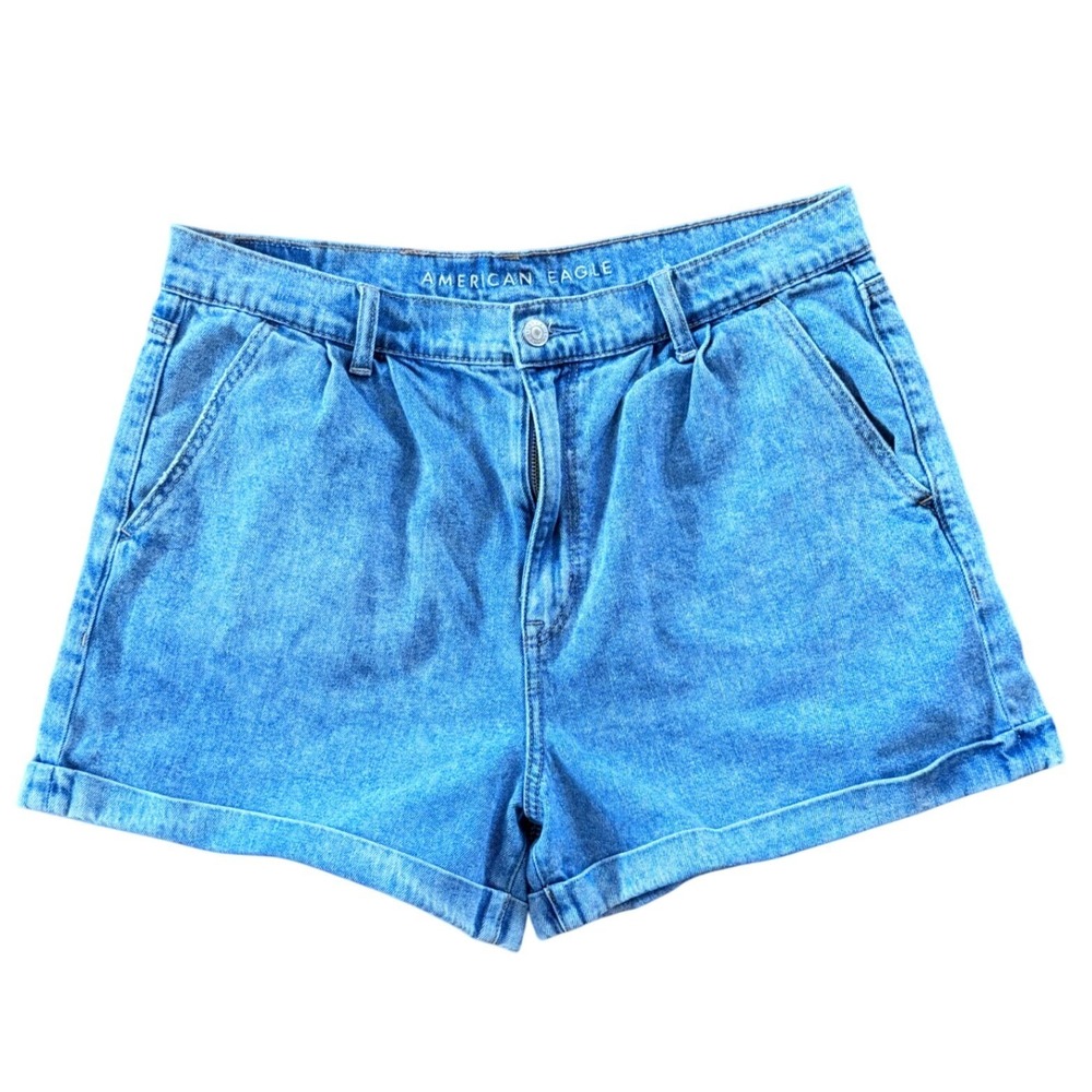A1‎ American Eagle Denim Shorts High Waisted Pleated Retro Light Wash Cuffed Mom